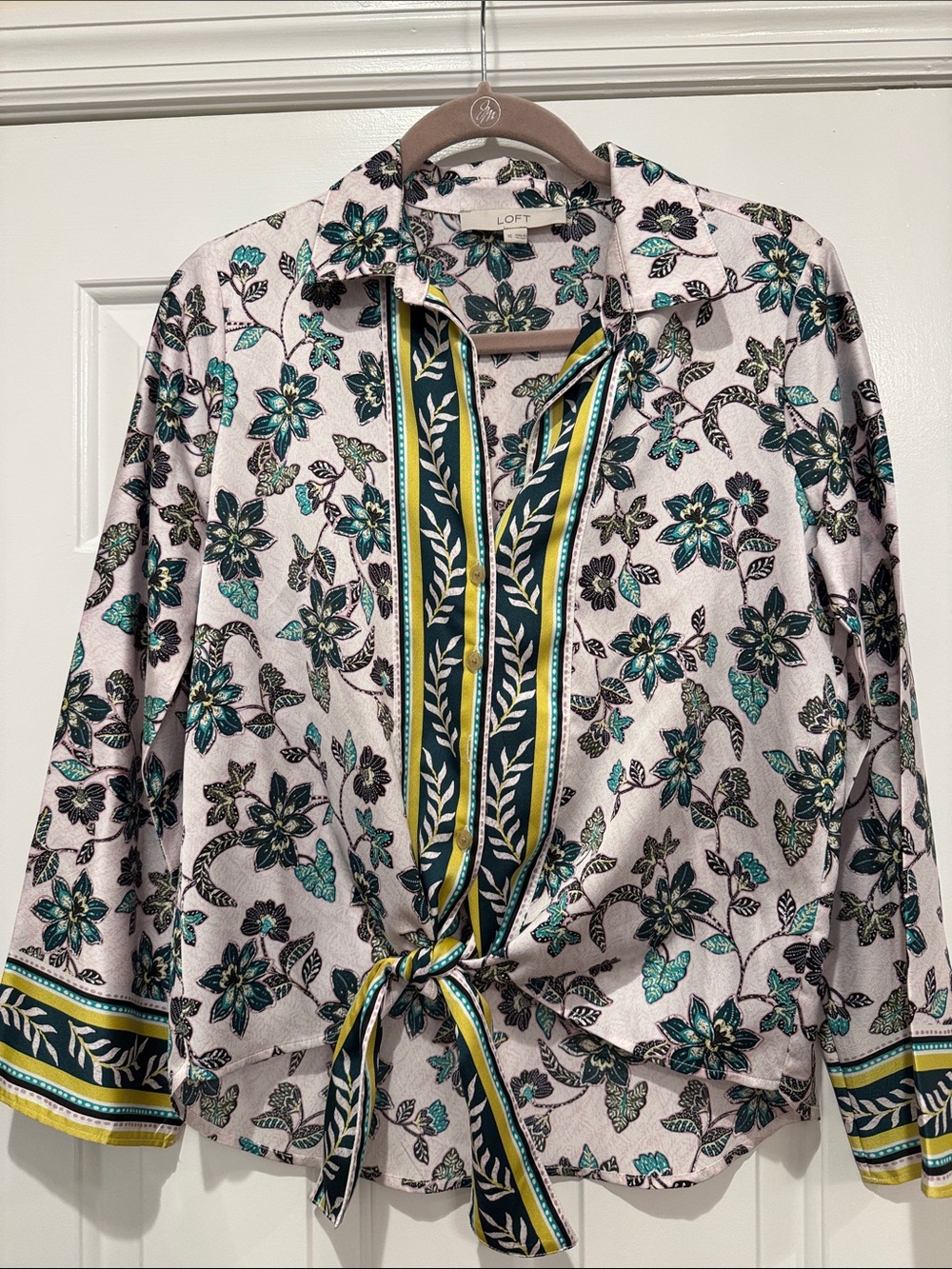 LOFT Size XS Teal & Navy Floral Tie-Front Blouse